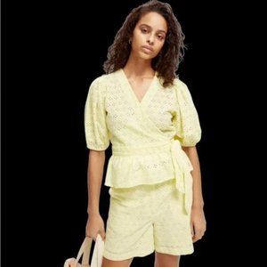 SCOTCH & SODA pale yellow eyelet wrap peplum top